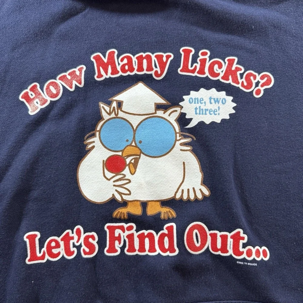 Vintage Y2K Graphic Hoodie Mens L Blue How Many Licks Tootsie Pop Owl Commercial